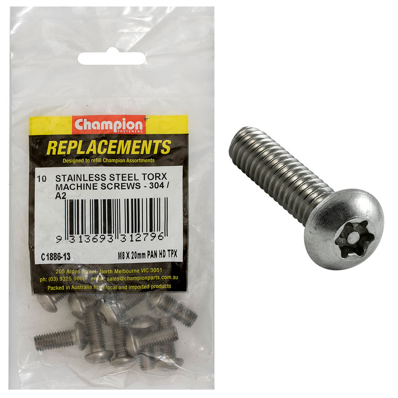 Champion M8 x 20mm Machine Screw -Pan -Tpx -304/A2 -10pk