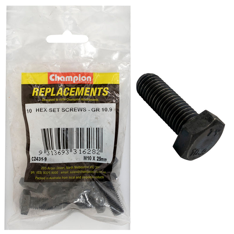 Champion Hex Set Screws High Tensile M10 x 25mm - 10pk