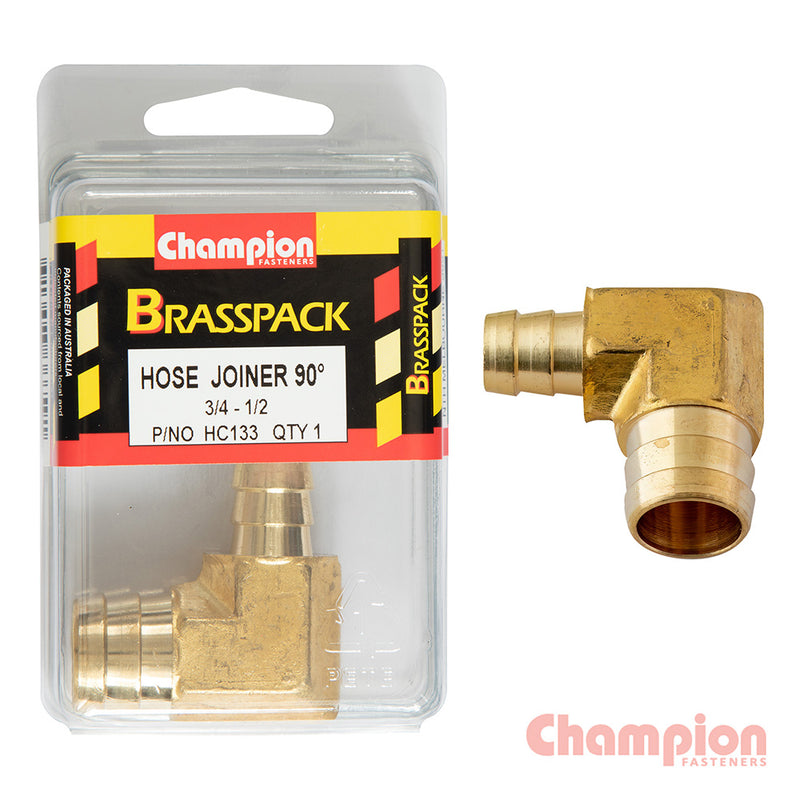 Champion Hose Joiner 90 deg Barb Elbow Reducer Brass 3/4-1/2