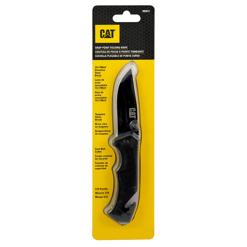 Cat® 200mm Drop-Point Folding Knife with Glass Break and Belt Cutter