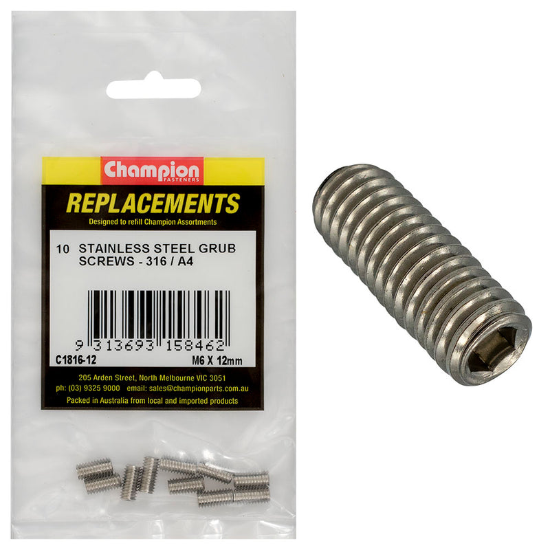 Champion M6 x 12mm Metric Grub Screw 316/A4 -10pk Default Title