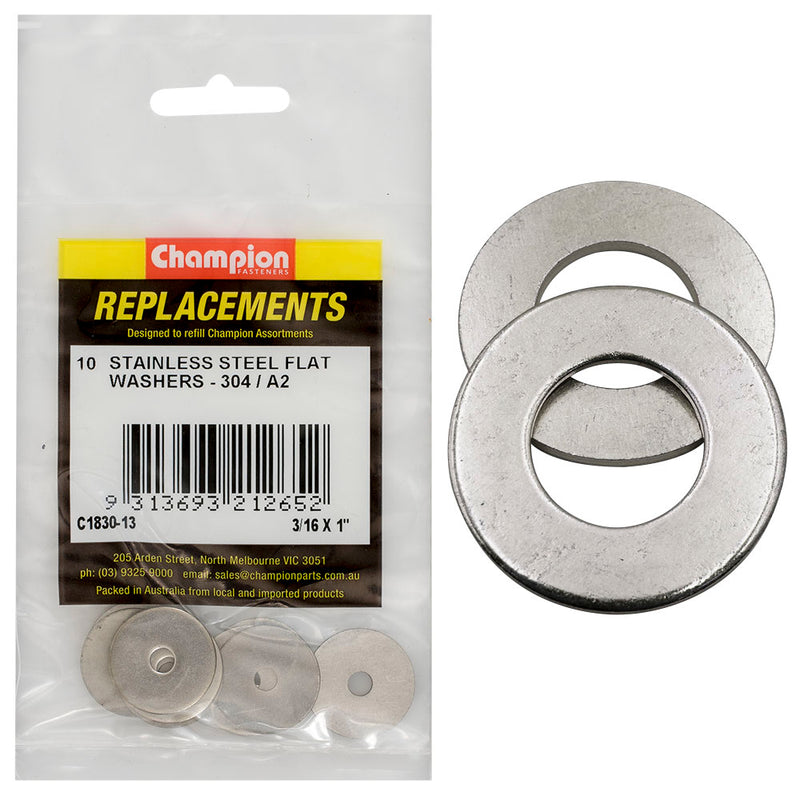 Champion 3/16in x 1in Stainless Flat Washer 304/A2 -10pk Default Title