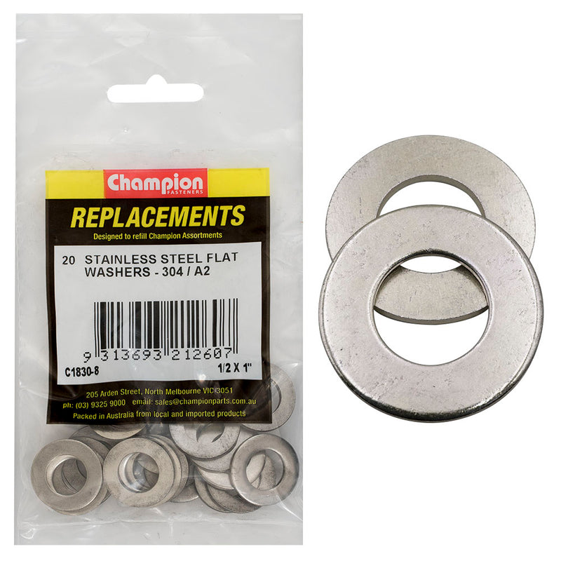 Champion 1/2in x 1in Stainless Flat Washer 304/A2 -20pk Default Title