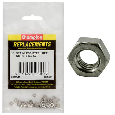 Champion 1/8in BSW Stainless Hex Nut 304/A2 -30pk Default Title