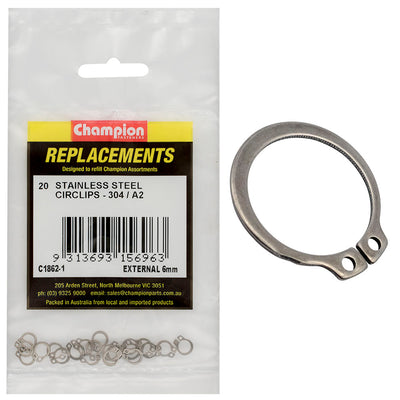 Champion 6mm Stainless External Circlip 304/A2 -20pk Default Title