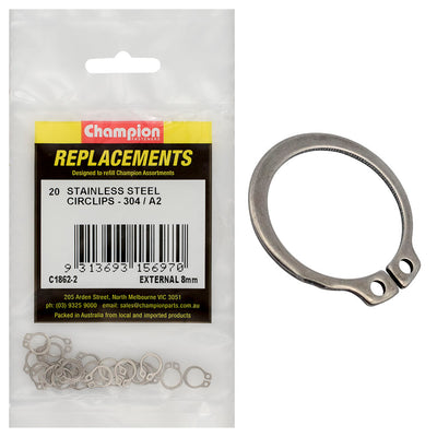 Champion 8mm Stainless External Circlip 304/A2 -20pk Default Title