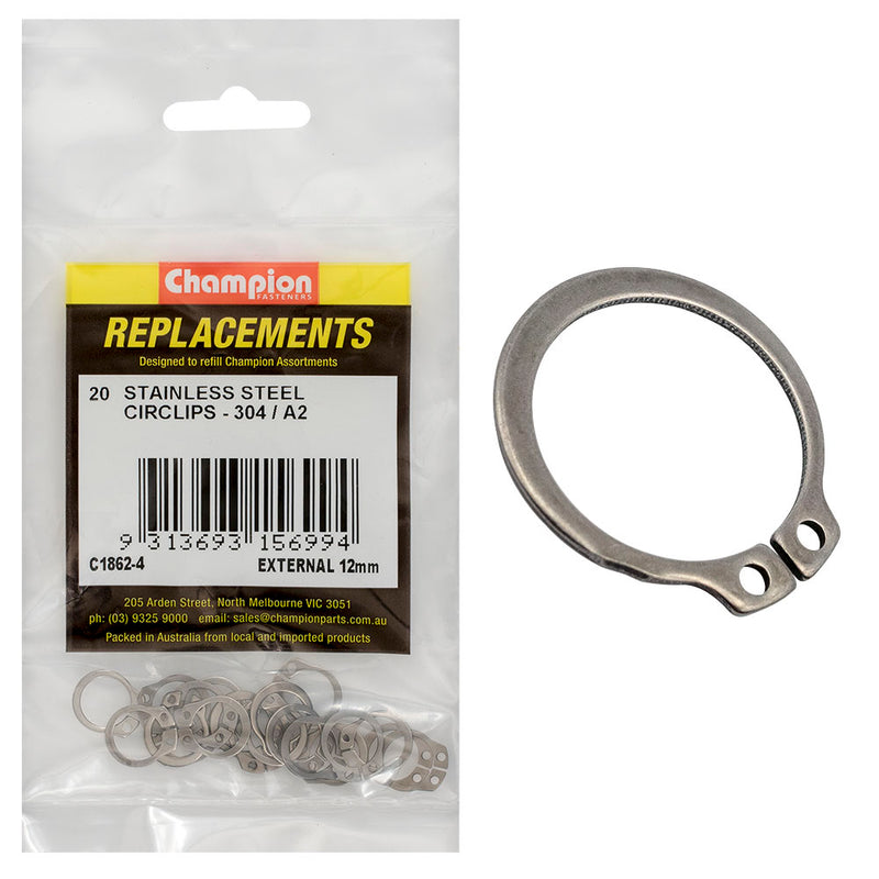 Champion 12mm Stainless External Circlip 304/A2 -20pk Default Title