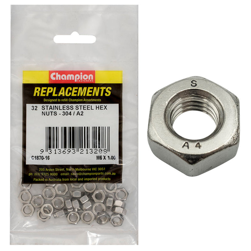 Champion M6 x 1.00 Stainless Hex Nut 304/A2 -32pk Default Title