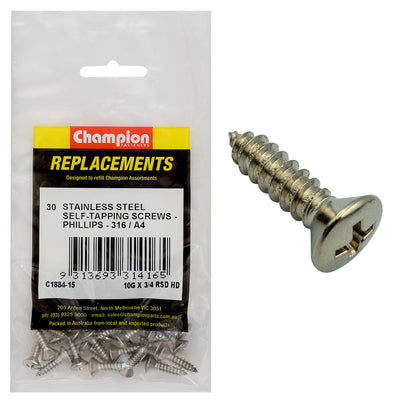 Champion 10G x 3/4in S/Tapping Screw -Rsd -Ph -316/A4 -30pk Default Title