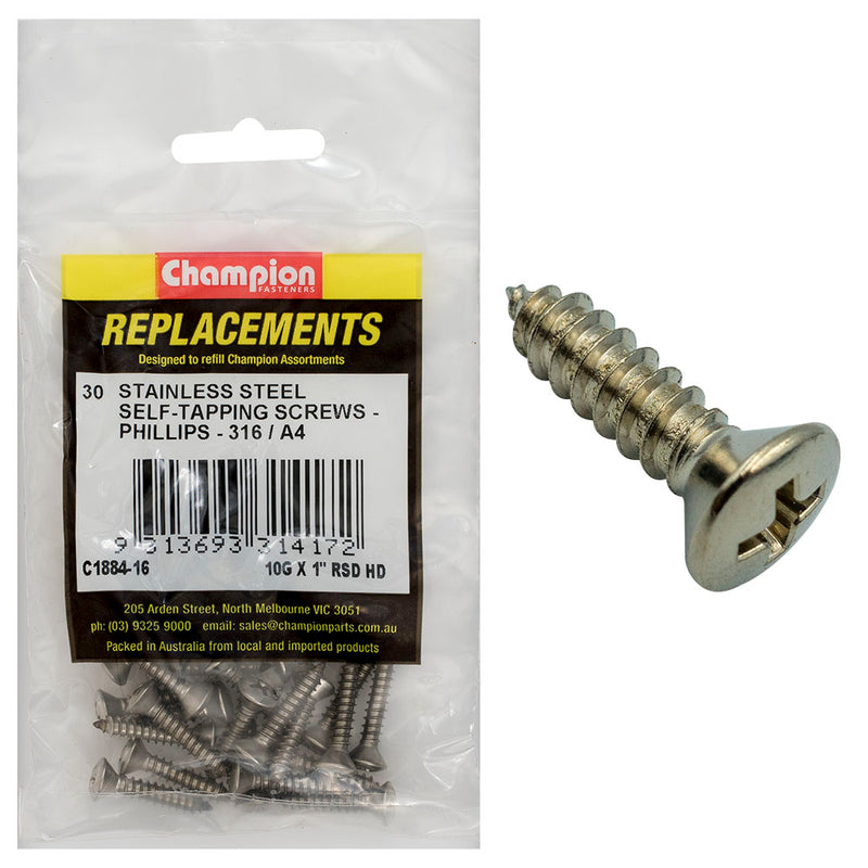 Champion 10G x 1in S/Tapping Screw -Rsd -Ph -316/A4 -30pk Default Title