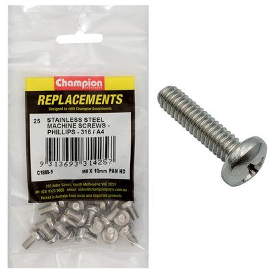 Champion M6 x 10mm Machine Screw -Pan -Ph -316/A4 -25pk Default Title