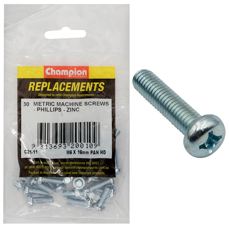 Champion M6 x 16mm Machine Screw P/H Phillips -30pk Default Title