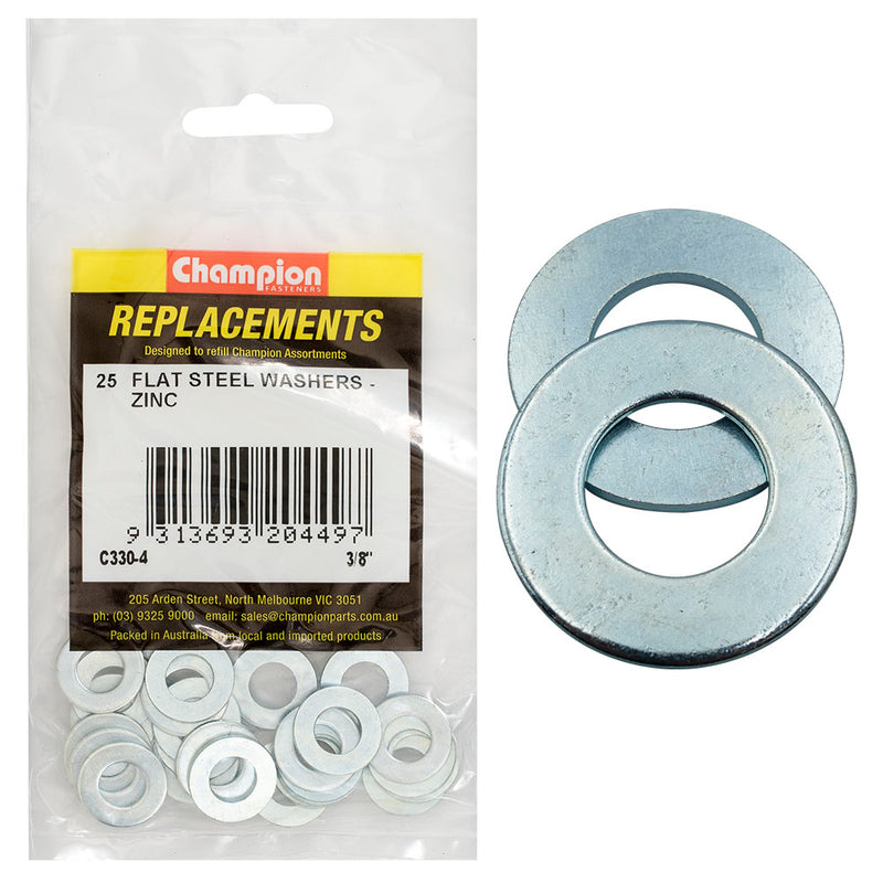 Champion 3/8in x 3/4in x 16G Flat Steel Washer -25pk Default Title