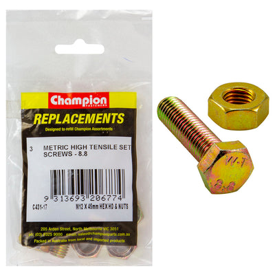 Champion M12 x 45mm x 1.75 Set Screw W/Nut -Gr8.8 -3pk Default Title