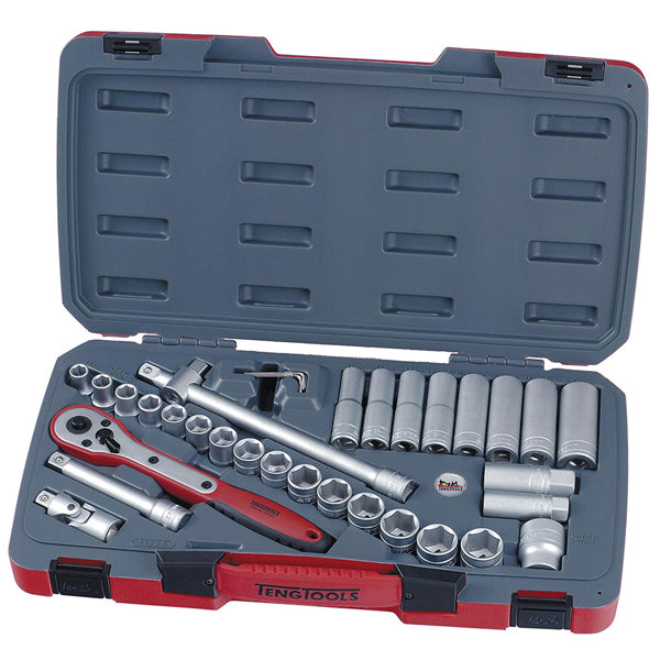 Teng 34pc 1/2in Dr. Metric Reg/Deep Socket Set 6Pnt